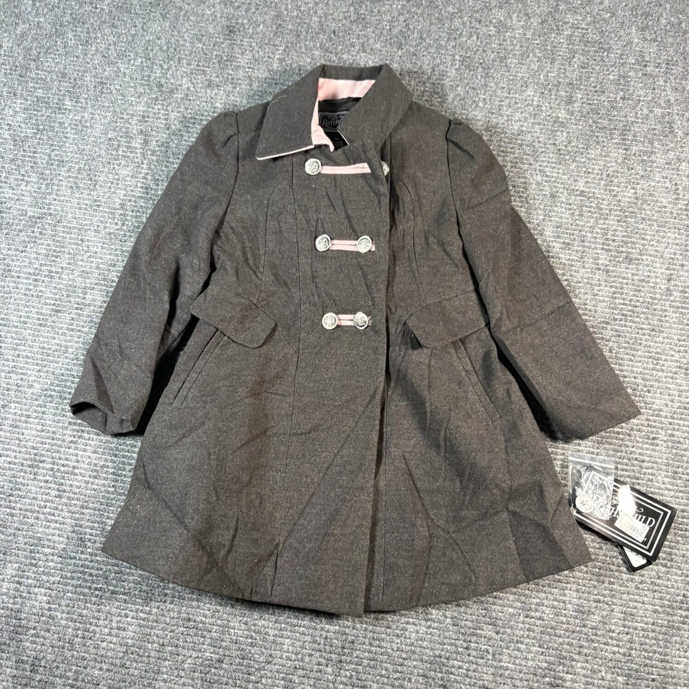 Rothschild Double Breasted Coat Girls 5/6 Gray New Wool Blend Peacoat Pink Trim